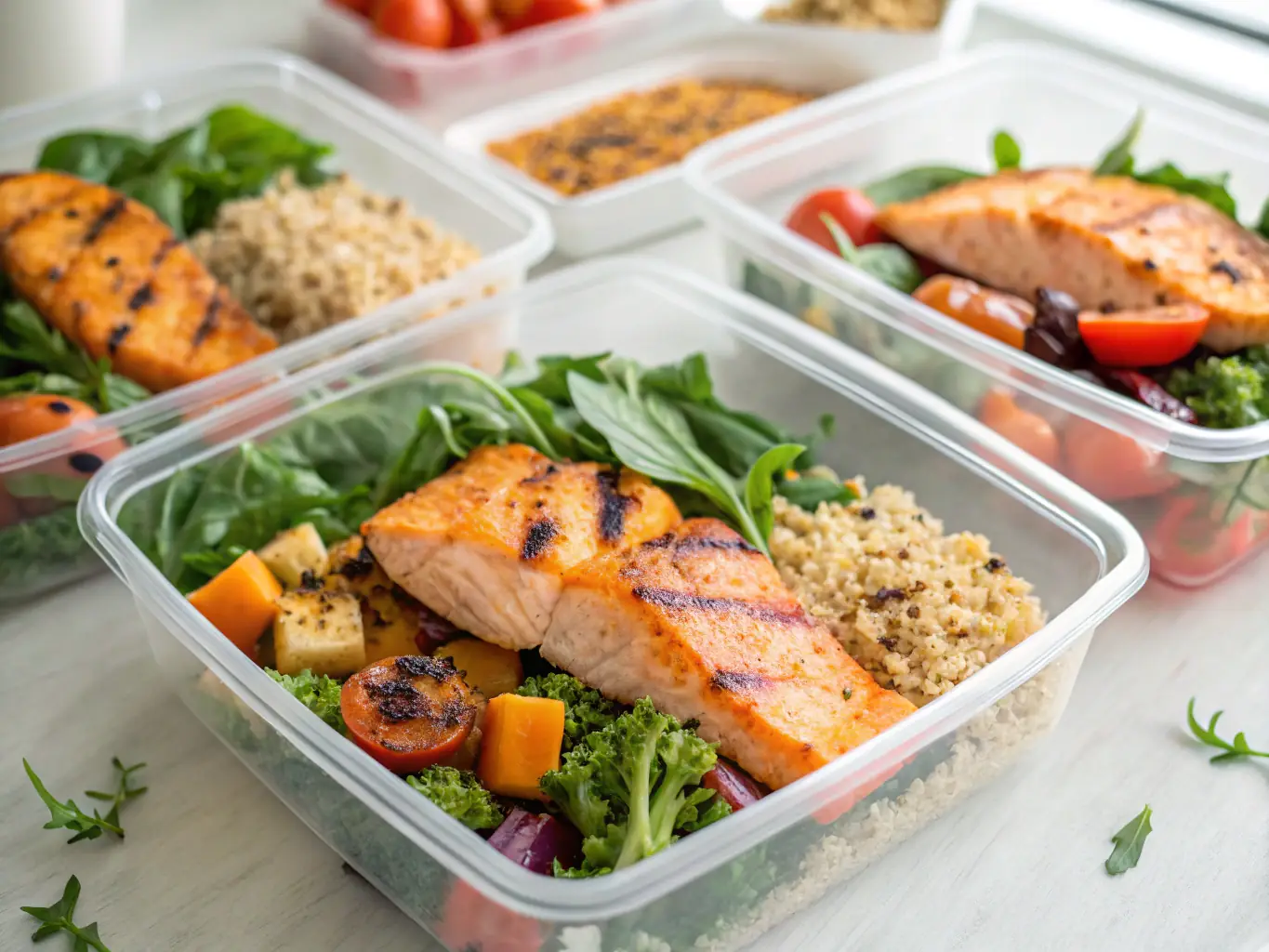 A neatly arranged set of meal prep containers on a table, showcasing the convenience and healthiness of the prepared meals.