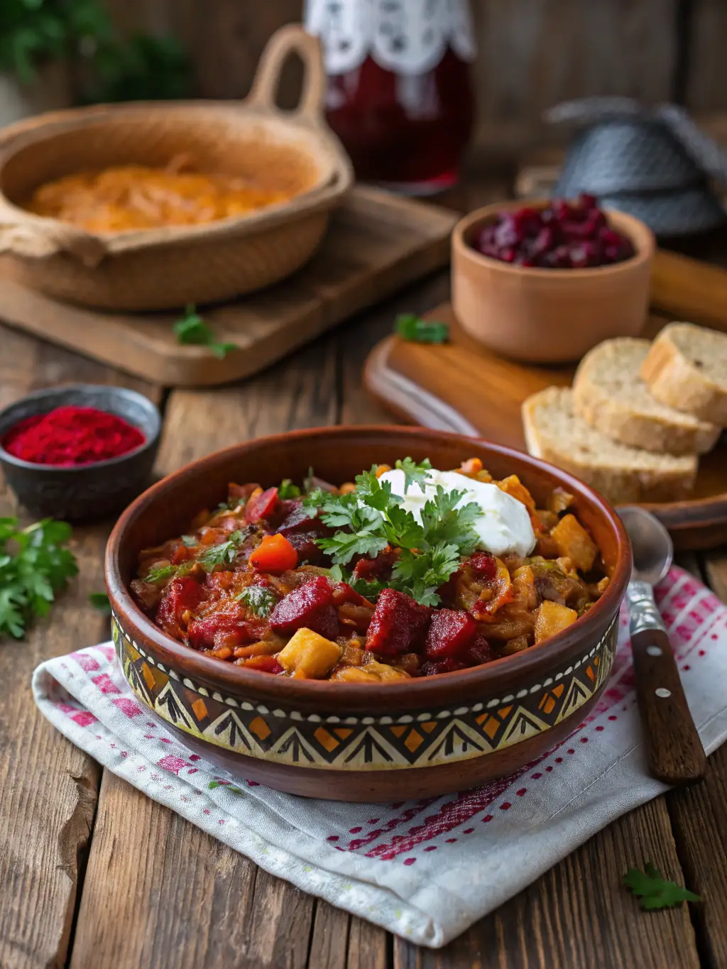 A visually appealing image of a variety of Polish traditional dishes, such as pierogi, kielbasa, and bigos, arranged on a wooden table.