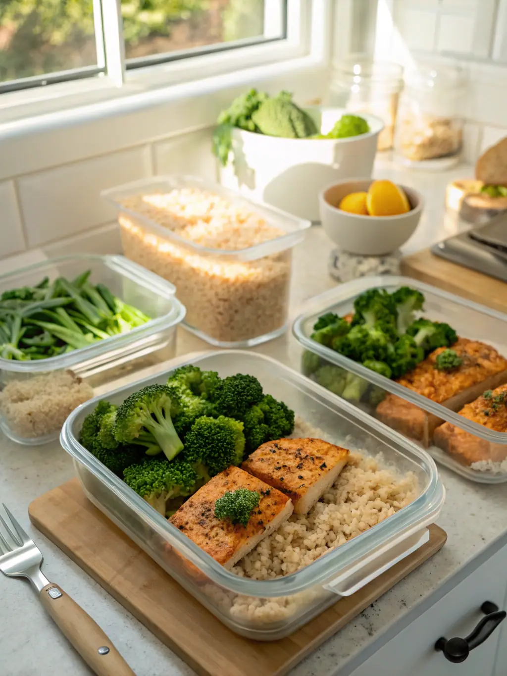 A close-up shot of several neatly packed meal prep containers, filled with colorful and healthy dishes.